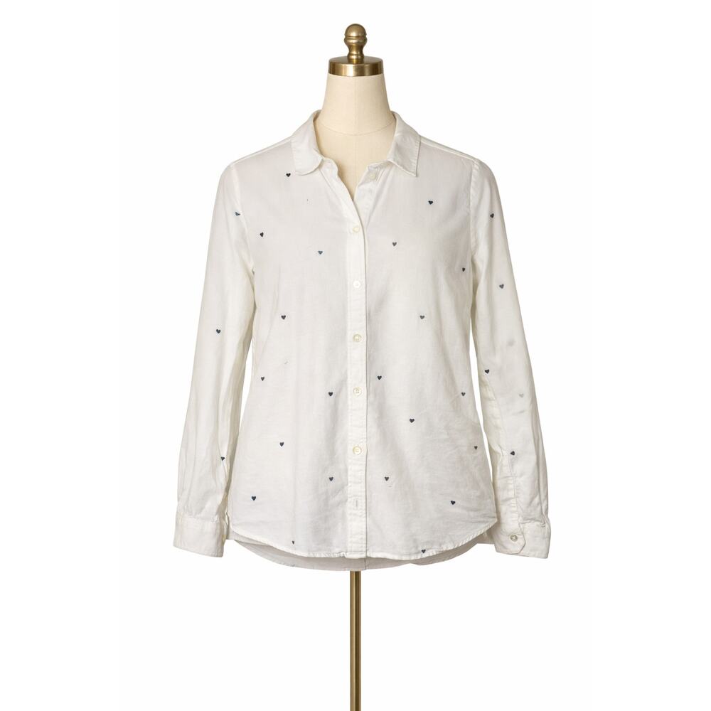 Sézane White Embroidered Heart Button Up Shirt 34 M Cotton Parisian Chic Blouse